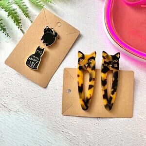 Kitty Cat Bundle, Tortoiseshell Kitty Cat Hair Clips, Black Cat Pins NEW